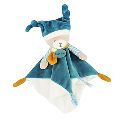 BABY NAT' - Doudou Polochon Ourson Mignon - Bleu - Ours avec Bonnet de Nuit & Imprimé Rayé - Idée Cadeau Naissance - Doudou Facile à Attraper - Tout Doux pour les Câlins - BN0739