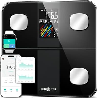 RunSTAR Pese Personne Intelligent, Balance Pese Personnes Haute Hrécision avec Grand Écran, Balance Connectée 15 Mesures Corporelles, IMC, Fréquence Cardiaque Synchronisation APP, 400lb, Noir