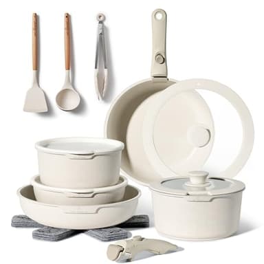 Batterie de Cuisine Antiadhésive 18 Pièces – Lot de Poêles et Casseroles avec Manche Amovible – Compatible Tous Feux Dont Induction – Revêtement Antiadhésif Sans PFOA (beige)