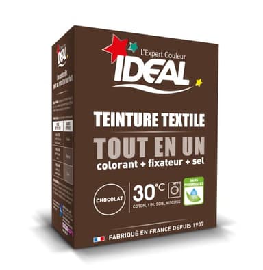 IDEAL - Kit Teinture Tout en Un Mini Chocolat - 230 g - Colorant + Fixateur + Sel Inclus - Teinture Textile Longue Tenue - Coton, Lin, Soie, Viscose - Efficace dès 30°C - Fabrication Française