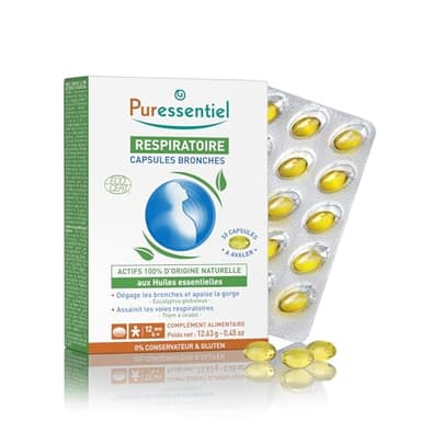 Puressentiel - Respiratoire - Capsules Bronches aux huiles essentielles Bio - Actifs 100% d'origine naturelle - Dégage les bronches, apaise la gorge & assainit les voies respiratoires - 30 capsules