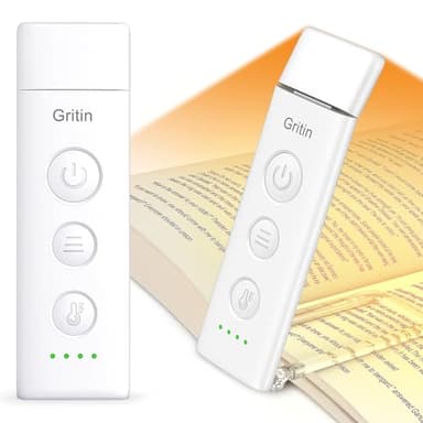 Gritin Lampe de Lecture Rechargeable, Liseuse Lampe Clip au Lit, 3 Couleurs Protection des Yeux & 5 Luminosités Réglables en Continu, Compacte et Durable, Cadeaux pour Lecteurs de Livres