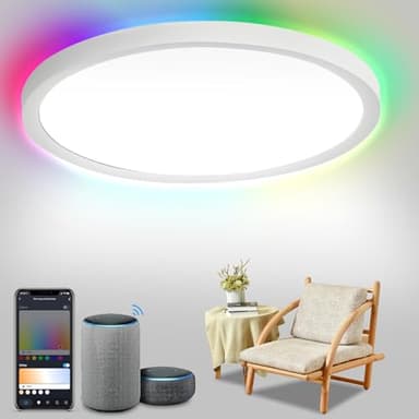 ISOISL Plafonnier LED, IP44 étanche, lampe de salle de bain ronde et plate 24W 2700K-6500K 2040LM, compatible avec Alexa et Google, lampe moderne et épurée, fine, pour salon ou chambre à coucher