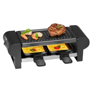 Clatronic Raclette | 2 Personnes | Mini Raclette avec surface de grill d’env. 20,5 x 10,5 cm | Pour griller et gratiner | Plaque de grill et poêlons antiadhésifs | 350 Watts | RG 3592