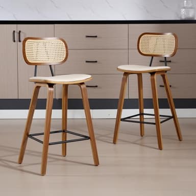chairus Tabourets de Bar Lot de 2 Tabourets de Comptoir Bois et Métal Chaise Haute Bar avec Dossier Rotin pour Central Îlot, Beige