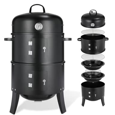 TLGREEN Smoker Fumoir 3 en 1 avec Poignée, Fumoir Viande et Poisson, Barbecue Charbon de Bois, avec Thermomètre, 2 Grilles Inox, 2 Bol à Eau en émail, Barbecue Smoker pour Griller et Cuisiner