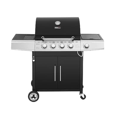 Royal Gourmet Barbecue Gaz à 4+1 Brûleurs en Acier Inoxydable, Gril à Gaz de Puissance 14,5kW avec Tablettes et Thermomètre, 2 Roues Directionnelles, 2 Portes, Adapté pour Jardin et Extérieure, Noir