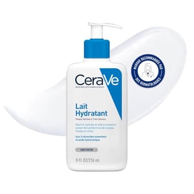 CeraVe - Lait Hydratant - Nourrit, Hydrate et Aide à Restaurer la Barrière Cutanée - Visage & Corps - Acide Hyaluronique + 3 Céramides Essentiels - Sans Parfum - Peau Sèche à Très Sèche - 236 ml