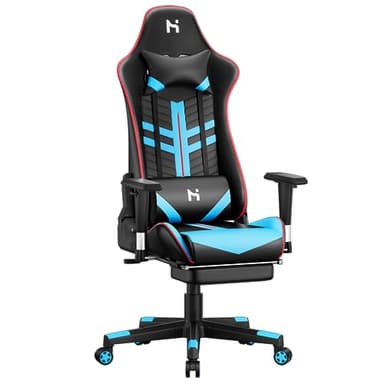 HLFURNIEU Chaise Gaming Ergonomique, Fauteuil Gamer avec Repose-Pied Télescopique, Hauteur Réglable, Appui-tête et Support Lombaire, Noir et Bleu