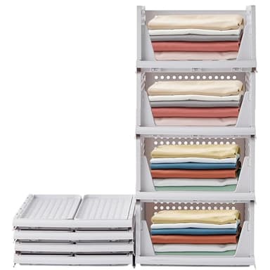 RMAN® 4 pcs Organisateur Armoire Vetement Plastique Boite Rangement Vetement Pliable et Empilable Organisateur Tiroir Coulissant pour Penderie, Dressing, Chambre, Blanc