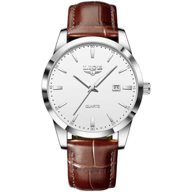 LIGE Montre pour Hommes avec Date Montre éTanche à Quartz pour Hommes en Cuir Jaune-Brun,Argent Blanc
