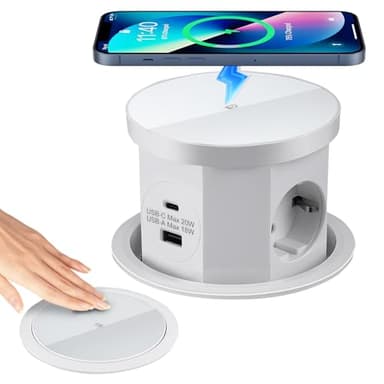 Bloc Prise Encastrable Plan de Travail Multiprise Encastrable, Prise de Table Escamotable 3 Prises avec 1 USB C 1 USB A - Table Rétractable - avec Chargeur sans Fil (Blanc)