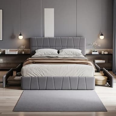 LIVLUX Lit Coffre 160x200 avec Sommier,Lit Double rembourré avec 4 tiroirs et réglable Tête de lit,Cadre de lit avec Rangement pour Adultes et Adolescents (Gris, 160 x 200 cm)