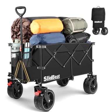 Chariot de Plage 330LB 150KG, Chariot de Transport Pliable avec Roues Pivotantes à 360° de 20CM de Large, Chariot de Jardin à Poignée à Rebond Automatique, Tout Terrain avec Freins, Barre de Support