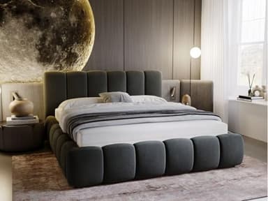 GRAINGOLD Lit Cloud 200x200, Rembourré avec Coffre de Rangement, Lit Double, Tissu en Velours, avec Sommier à Lattes, avec Tête de Lit, sans Matelas (Gris, 200x200)