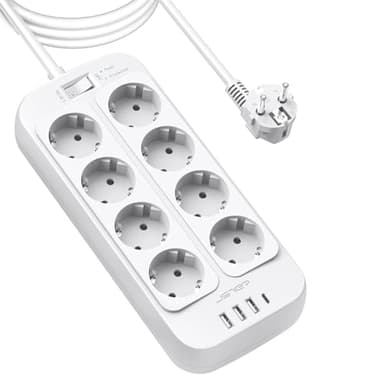 JSVER Multiprise Parasurtenseur,Bloc Multiprise 8 Prises avec 4 Ports USB Chargeur (3 USB A+1 USB C) Prise Multi Parasurtenseur Parafoudre et Surtension avec Interrupteur Cable 3M-Blanc
