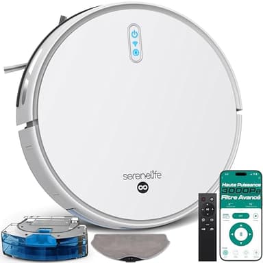 SereneLife Robot Aspirateur Balai Intelligent – Aspiration 3000 Pa, Contrôle App, 3 Modes de Nettoyage, Capteurs Anti-Chute, Auto-Recharge, Silencieux, Poils d’Animaux, Sols Durs et Tapis-Blanc