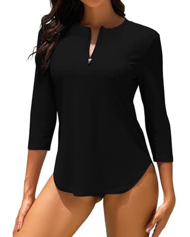 WOWENY Haut de Maillot de Bain Tee Shirt Anti UV Femme Rashguard Manches 3/4 avec Fermeture Éclair 1/4 UPF 50+ Séchage Rapide pour Sports Nautiques Surf Plage