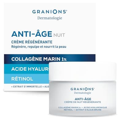 Creme de Nuit Visage Anti Âge - Masque de NUIT - RÉGÉNÉRANTE - Creme Hydratante Visage Action Anti Ride - Collagene Marin, Acide Hyaluronique, Retinol - Femme - GRANIONS - 50 ml