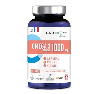 OMEGA 3 1000 mg GRANIONS | Huile de Poisson Sauvage EPAX -Haute Concentration Omega 3 DHA EPA + Vitamine E - Complément Alimentaire Omega3 - Oméga-3 Sans OGM, Certifié Friend of the Sea- 60 Capsules
