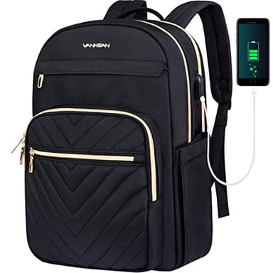 VANKEAN Sac à dos pour ordinateur portable 15,6 pouces pour femme homme, avec port USB, imperméables, Pour voyage, décontracté élégants pour l'école, l'université, les affaires, noir