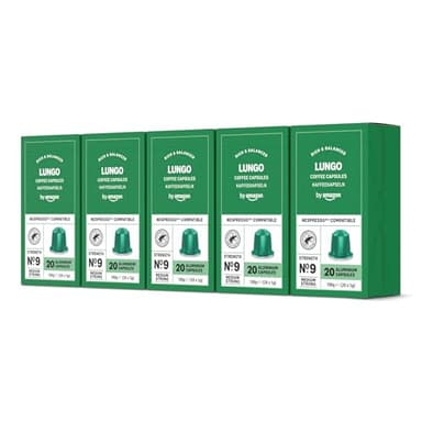 by Amazon Capsules de café Lungo compatibles avec Nespresso, en aluminium, torréfaction moyennement poussée, 100 Pièces, 5 lot de 20 - Certifié Rainforest Alliance