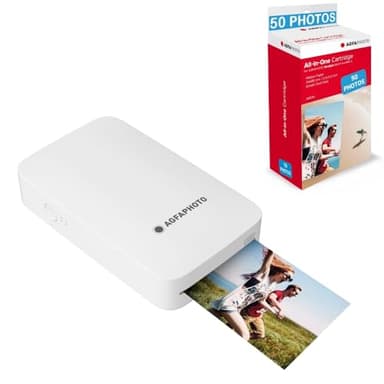 AgfaPhoto - Pack Imprimante Realipix Mini P + Cartouches et Papiers AMC pour 50 Photos - Imprimante Photo Format 5,3 x 8,6 cm Via Bluetooth - Sublimation Thermique 4Pass - Blanc