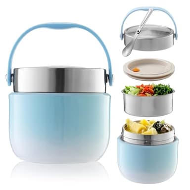 BUCOMTU Récipient isotherme pour aliments Capacité 1200ml Récipient de maintien au chaud Bol isotherme pour repas avec couvercle Boîte à lunch pour la conservation du,Soupes,Bouillie (Bleu)