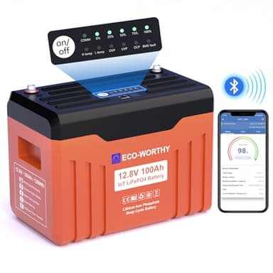 ECO-WORTHY Bluetooth Batterie Lithium 12V 100AH Batterie Lifepo4 avec Protection Basse température et 100A BMS,1280Wh Batterie pour Camping-Car, Panneau Solaire, Kit Solaire, Bateau, Moteur Trolling