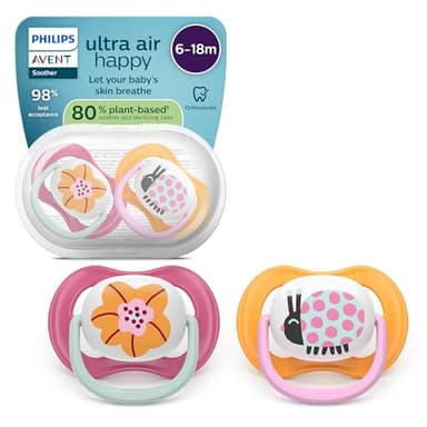 Philips Avent Sucettes ultra air - Tétines orthodontiques souples, pour bébés de 6 à 18 mois, en silicone d'origine végétale, sans BPA, avec étui de stérilisation, lot de 2, SCF080/27