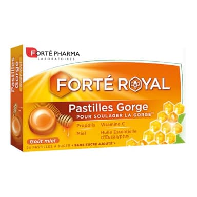 Forté Pharma - Pastilles Gorge Forté Royal - Irritation gorge - Propolis, Huile essentielle Eucalyptus, Miel, Vitamine C - Sans sucre ajouté, à laisser fondre, goût Miel - 24 pastilles, 1 à 3/jour