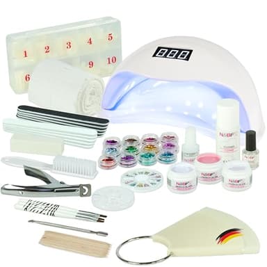 NAILS FACTORY | Kit Debutant | Ongels en gel | Nettoyant pour ongles | Professionnel pour Pose de Gel UV Blanc | Nagelset idéale avec l'art d'ongle, lampe UV et UV Gel Starter