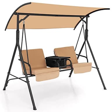 KOMFOTTEU Balancelle de Jardin pour 2 Personnes avec Auvent réglable, Balançoire d’Extérieur avec Pack de Glace, Plateau et Porte-gobelet, Charge de 240 kg, 181 x 124 x 161,5 cm (Marron)