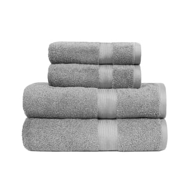 Amazon Basics Set de Bain 4 Pièces - 100% Coton Anti-décoloration - 2 Draps de Bain + 2 Serviettes de Toilette, Gris