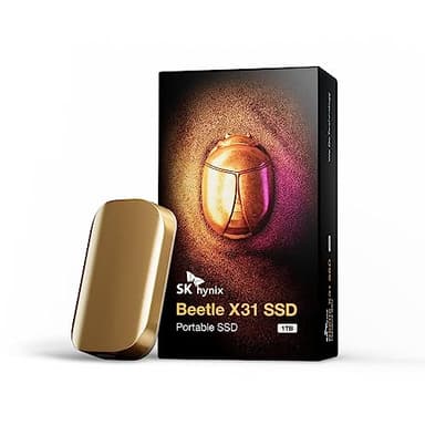 SK Hynix Beetle X31 1To Disque SSD Externe, USB C 3.2 Gen2, jusqu'à 1050 Mo/s, Disque SSD avec DRAM Portable 1TB Compatible avec PC Windows, Mac, Tablette, Android, Console (Champagne Gold)