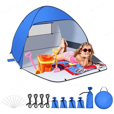 Jsdoin Tente de Plage Pop Up pour,Système Pop-Up,Haute Protection Solaire FPS 50+, Abri de Plage Anti UV, avec Sac de Transport et Piquets (XL (3 à 4) Personnes- Bleu)