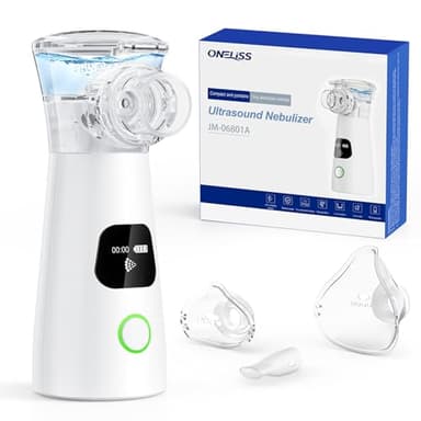 ONELISS Inhalateur Bébé, Nebuliseur Aerosol Medical pour Adultes et Enfants, Nebulisateur Silencieux Portable Electrique avec LED Affichage, 2 Masques et Embout Buccal, Pour Familles et VoyaAges