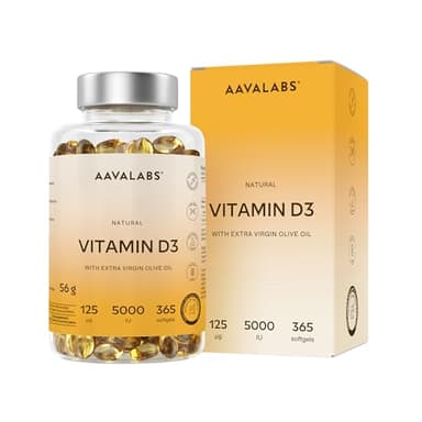 Vitamine D3 Naturelle Haute Concentration 5000 UI - Vitamine D avec Huile d’Olive Extra Vierge pour Absorption Optimale - Vitamines pour les Fonctions Osseuse, Musculaire, Immunitaire - 365 Gélules