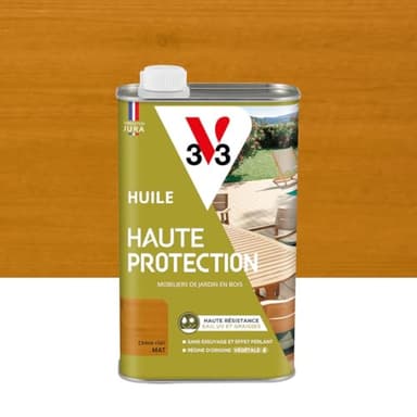 V33 Huile bois extérieur Haute Protection Chêne clair mat - Pour mobilier de jardin - Haute résistance eau, UV et graisses - Sans essuyage et effet perlant - Résine d'origine végétale - 1L
