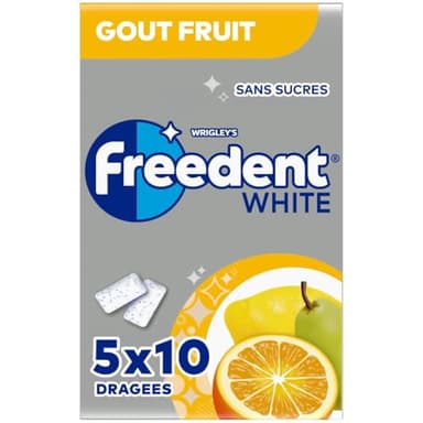 FREEDENT WHITE - Chewing Gum Sans Sucre - Goût Fruit - 5 Paquets de 10 Dragées - 70g