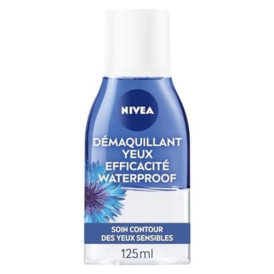 NIVEA Démaquillant Yeux Double Action au Bleuet (1 x 125 ml), nettoyant visage enrichi en eau purifiée, soin visage femme pour tous types de peaux, format voyage