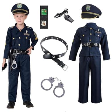 Deguisement Policier Enfant 7PCS Costume Accessoires avec Chemise, Pantalon, Chapeau, Ceinture, Menotte, Brassard Police Insigne,Sifflet Tenues de Cosplay de Flic Pour Carnaval (Policier, 3-4 ans)