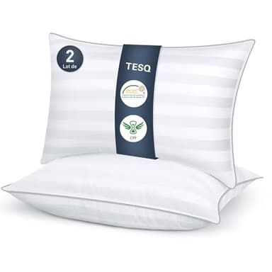 TESQ Oreiller 50x70 cm Lot de 2 Oreillers Confort Moelleux, Qualité Hôtelière de Luxe, Respirant et Hypoallergénique, Idéal pour Dormeurs sur Le Côté, Le Dos et Le Ventre, Lavable