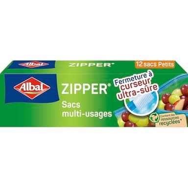Albal - 12 Sacs multi-usages Zipper - Petit Modèle 1L - Pour conserver, congeler, ranger ou transporter - Fermeture à curseur - Réutilisable