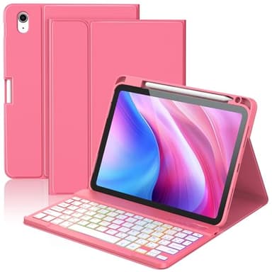 KBCASE Coque Clavier pour iPad A16 11/10 Ème Generation (11 Pouces 2025/10.9 Pouces 2022) Étui Keyboard Bluetooth pour iPad 10eme/11eme avec 7 Couleurs Rétroéclairées,Porte Crayon,AZERTY Français,Red