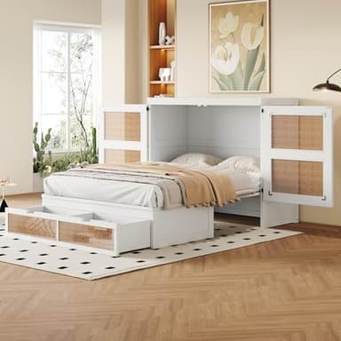 Merax Lit Pliable 140x200 cm avec Lattes, Schrankbett avec Tiroirs, Design Rattan, Lit Simple et Adolescent, Blanc (sans Matelas)