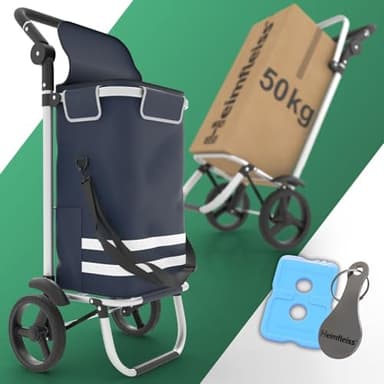 Heimfleiss® Chariot de Courses Pliable 56L | Caddie de Courses Pliant avec 50kg de Charge Utile | Sac de Courses Léger à roulettes | Chariot de Shopping XL avec Compartiment Isotherme | Bleu