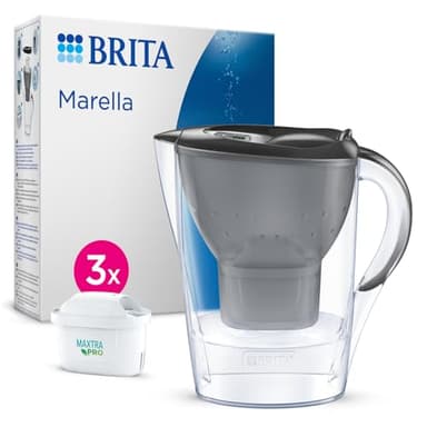 BRITA Carafe Filtrante Marella Graphite (2,4l) incl 3 cartouches filtrantes eau robinet MAXTRA PRO All-in-1 réduit PFAS,calcaire, chlore, certaines impuretés et métaux indicateur temporel