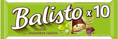 BALISTO - Barres chocolat et biscuit céréales, lait, noisettes et raisins - 10 sachets de 18,5g - 185g
