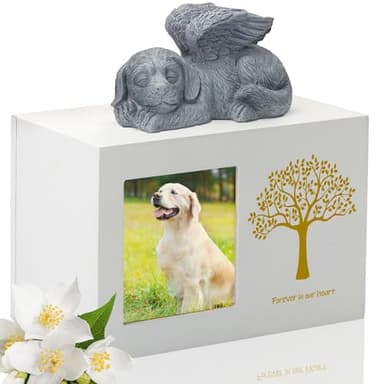 DiDiBirDi Urne pour animal de compagnie pour cendres de chien - En bois blanc - Pour cendres - Avec statue et sac en tissu pour cendres (25 kg)